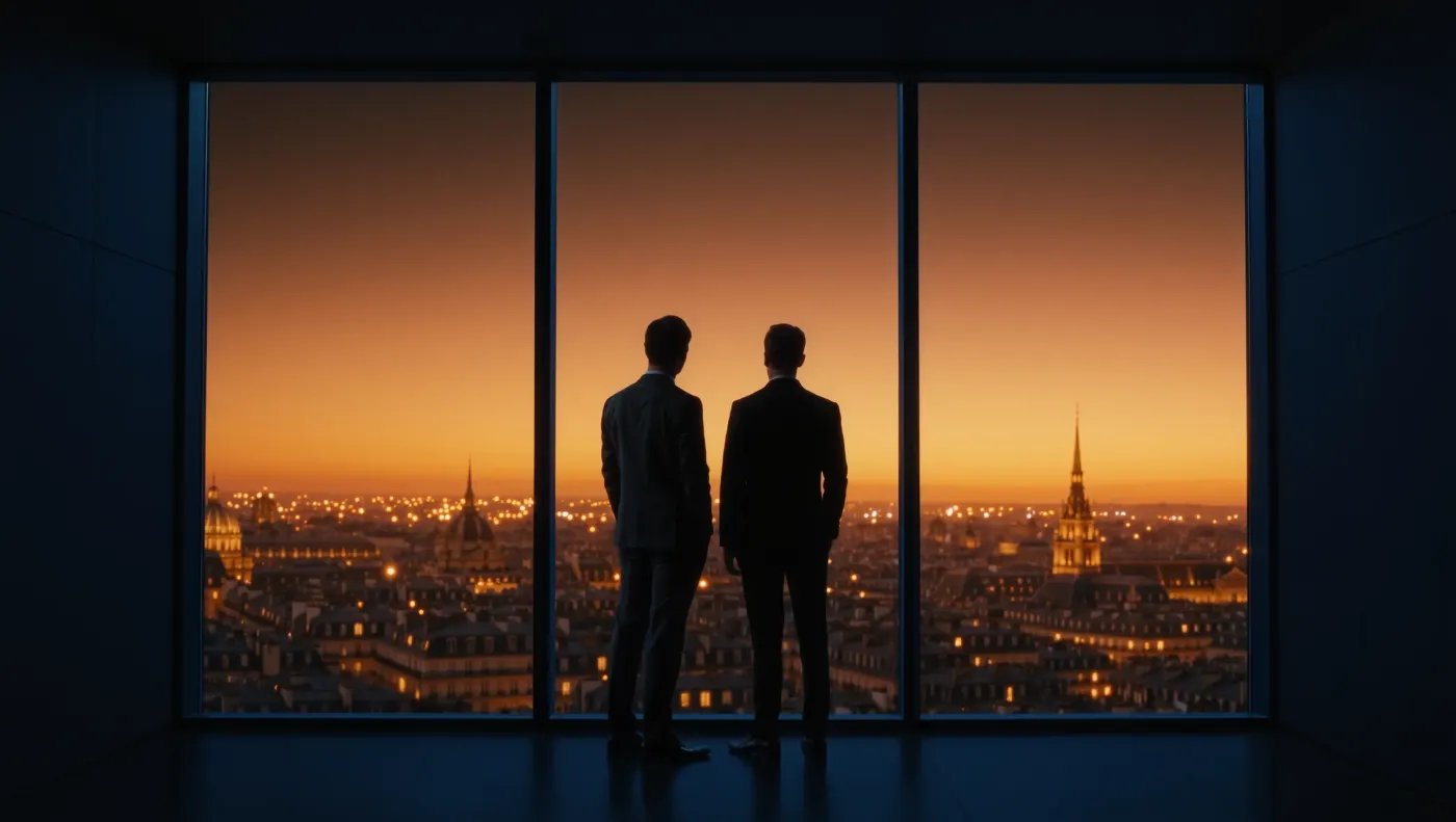 Two executives in silhouette at a high window, facing a city at sunset