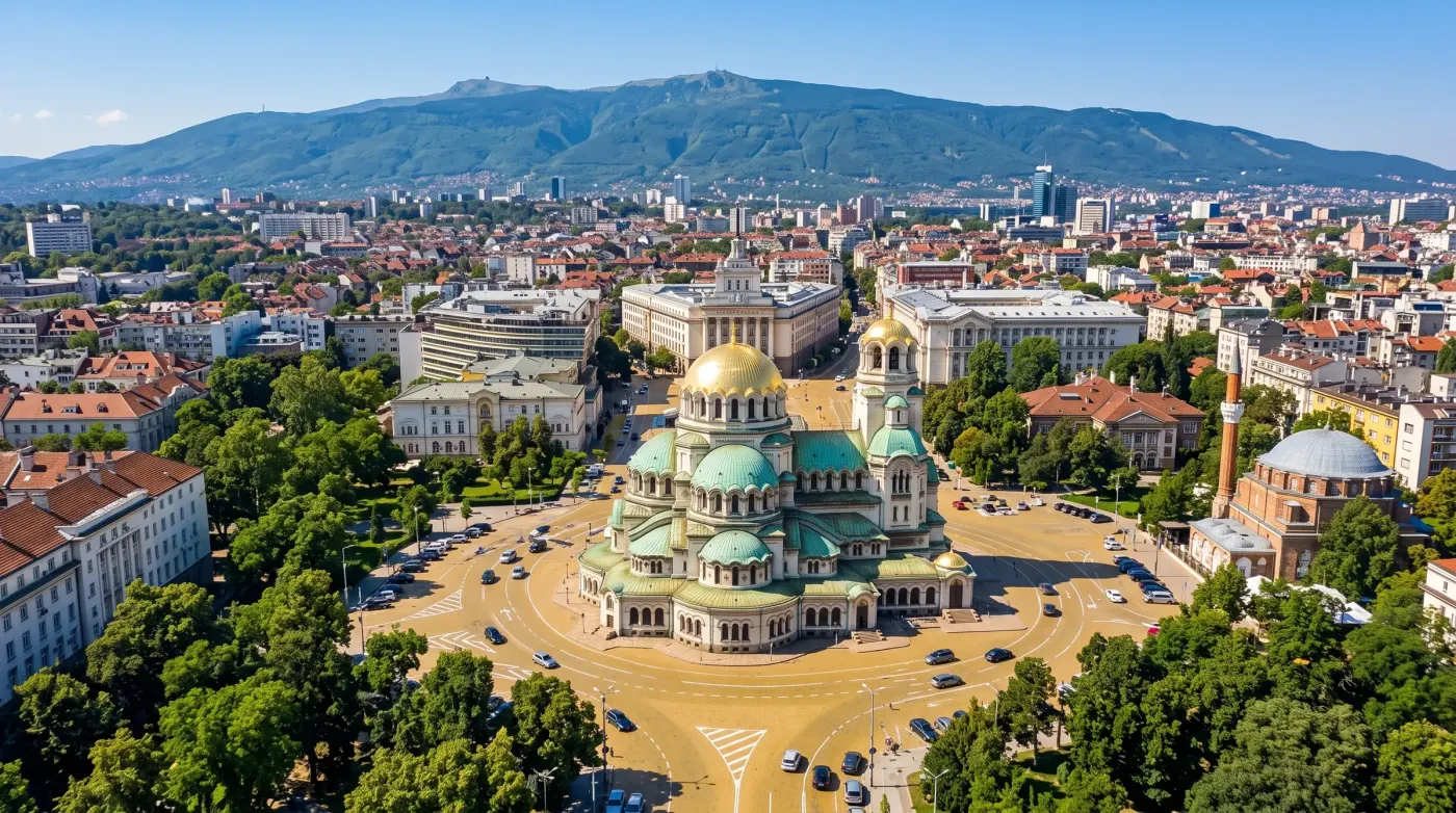 Sofia from above in daylight: Alexander Nevsky Cathedral, the city centre and Vitosha mountain behind